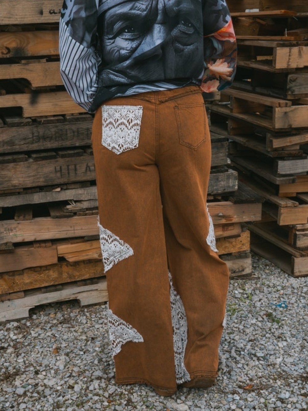 Sweet Details Rustic Brown Wide-Leg Flare Jeans with White Lace Inset - Picture 2 of 5